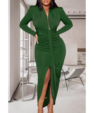 Women's Sexy Deep V Neck Dress Long Sleeve Front Split Ruched Elegant Party Maxi Dress A-dark Green $16.44 Dresses