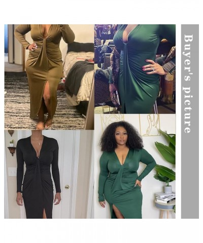 Women's Sexy Deep V Neck Dress Long Sleeve Front Split Ruched Elegant Party Maxi Dress A-dark Green $16.44 Dresses