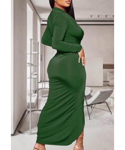 Women's Sexy Deep V Neck Dress Long Sleeve Front Split Ruched Elegant Party Maxi Dress A-dark Green $16.44 Dresses