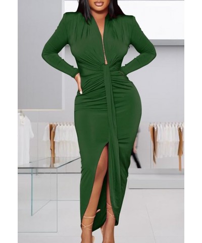 Women's Sexy Deep V Neck Dress Long Sleeve Front Split Ruched Elegant Party Maxi Dress A-dark Green $16.44 Dresses