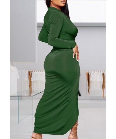 Women's Sexy Deep V Neck Dress Long Sleeve Front Split Ruched Elegant Party Maxi Dress A-dark Green $16.44 Dresses