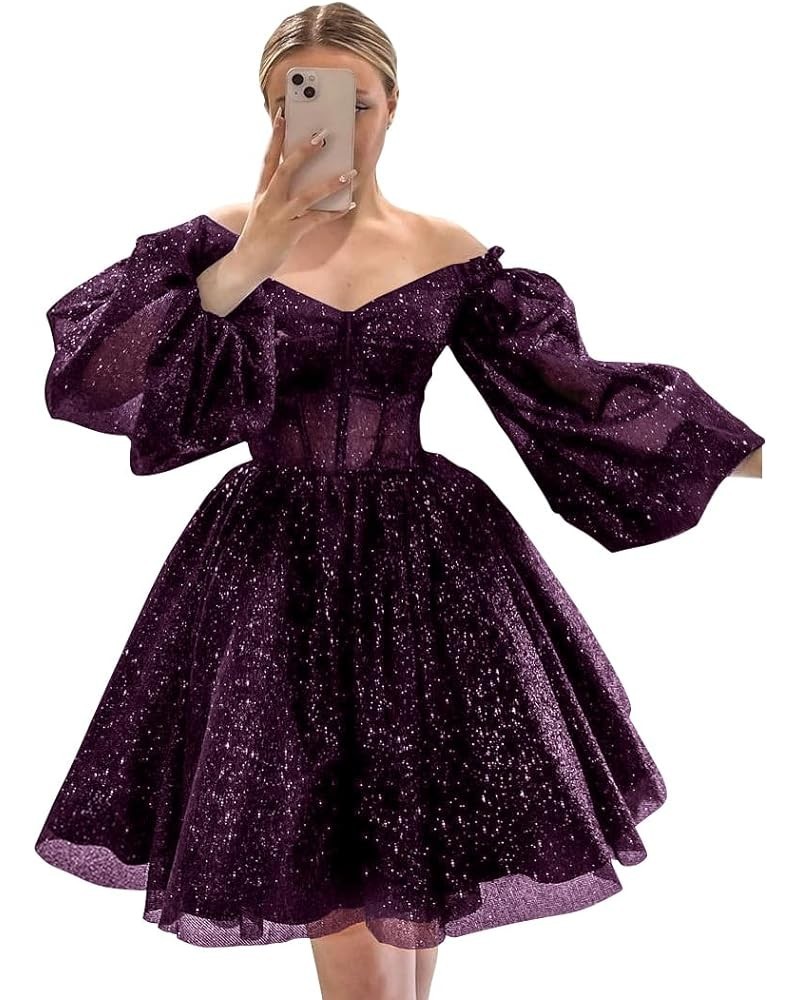 Homecoming Dresses Puffy Sleeve Short Tulle Prom Dresses for Teens Sparkly Formal Evening Gowns Plum $38.99 Dresses