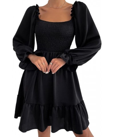 Women's Lantern Sleeve Elastic Waist Dress One Shoulder Collar Casual Loose Flowing Shift Dress Black $11.39 Dresses