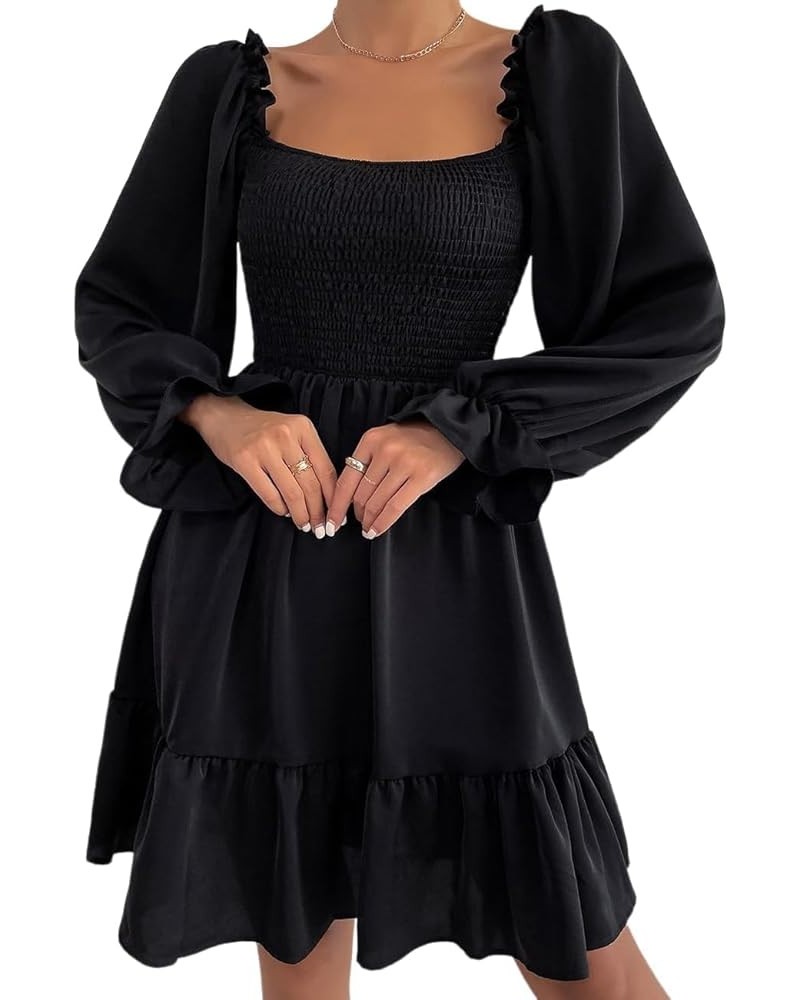 Women's Lantern Sleeve Elastic Waist Dress One Shoulder Collar Casual Loose Flowing Shift Dress Black $11.39 Dresses