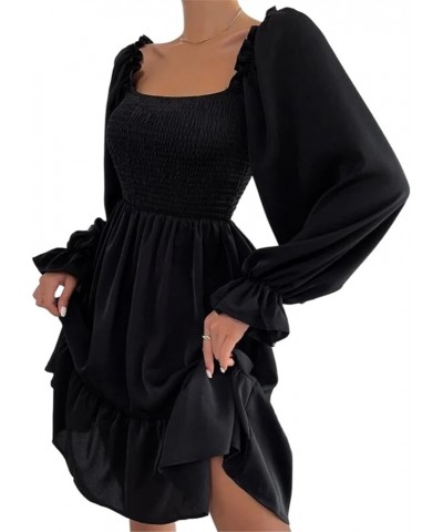 Women's Lantern Sleeve Elastic Waist Dress One Shoulder Collar Casual Loose Flowing Shift Dress Black $11.39 Dresses