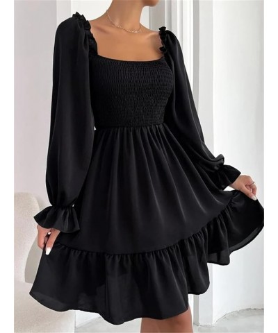 Women's Lantern Sleeve Elastic Waist Dress One Shoulder Collar Casual Loose Flowing Shift Dress Black $11.39 Dresses