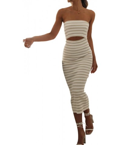 Women Strapless Knitted Maxi Dress Tube Backless Hollowed Off Shoulder Striped Patchwork Bodycon Long Dress Clubwear A Light ...