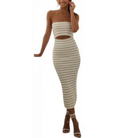 Women Strapless Knitted Maxi Dress Tube Backless Hollowed Off Shoulder Striped Patchwork Bodycon Long Dress Clubwear A Light ...