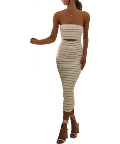 Women Strapless Knitted Maxi Dress Tube Backless Hollowed Off Shoulder Striped Patchwork Bodycon Long Dress Clubwear A Light ...