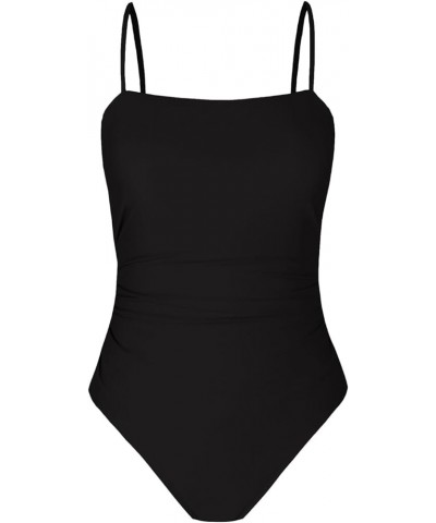 Women Swimsuit One Piece Bathing Suit Square Neck Cutout Back Tummy Control with Adjustable Spaghetti Straps Black $19.27 Swi...