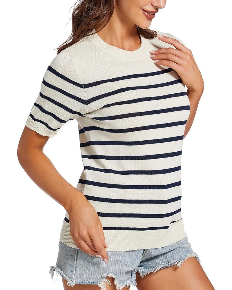 Womens Short Sleeve Knit Sweater Tops Casual Pullover Breathable V Neck Summer Striped T Shirts Beige Crewneck $12.24 Sweaters