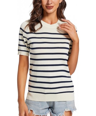 Womens Short Sleeve Knit Sweater Tops Casual Pullover Breathable V Neck Summer Striped T Shirts Beige Crewneck $12.24 Sweaters