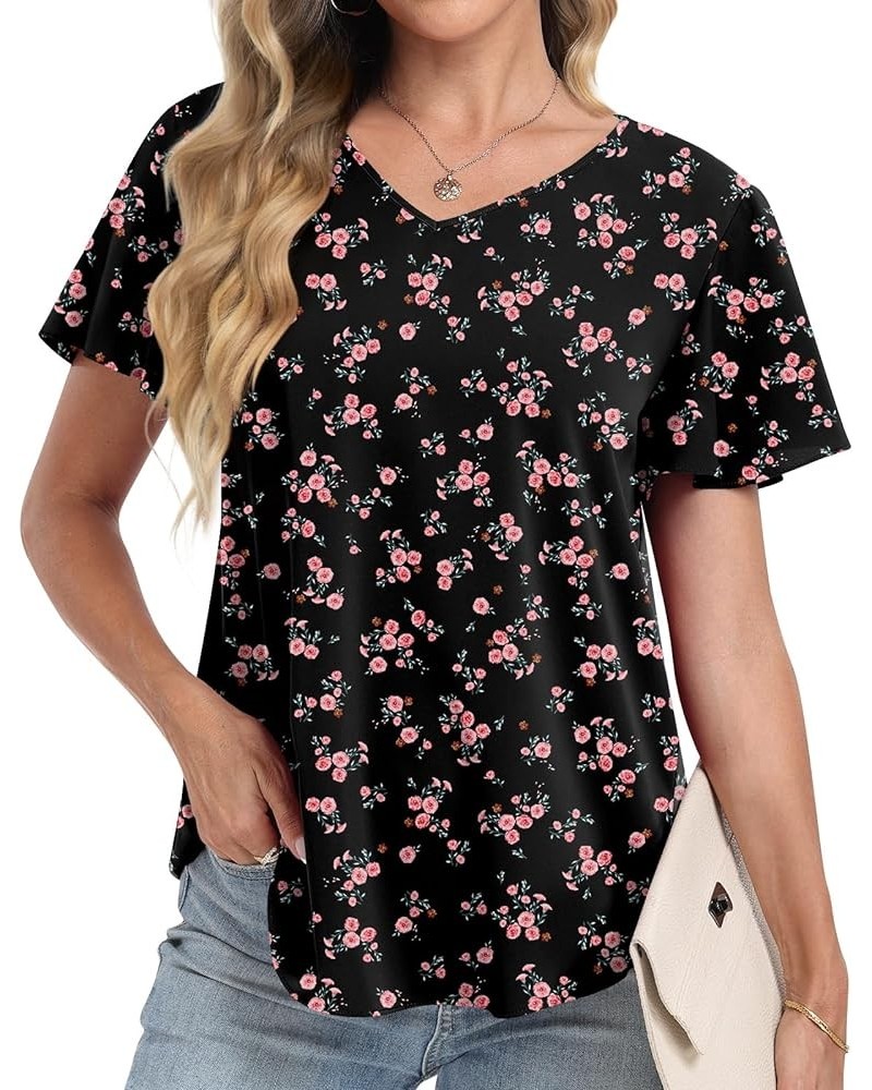 2024 Women's Summer Tunic Tops Short Sleeve Dressy Chiffon Blouses Casual Tshirt for Leggings 1-red Flower Black $17.04 Tops