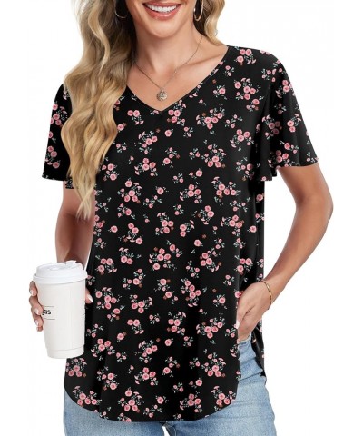 2024 Women's Summer Tunic Tops Short Sleeve Dressy Chiffon Blouses Casual Tshirt for Leggings 1-red Flower Black $17.04 Tops