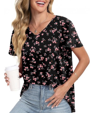 2024 Women's Summer Tunic Tops Short Sleeve Dressy Chiffon Blouses Casual Tshirt for Leggings 1-red Flower Black $17.04 Tops