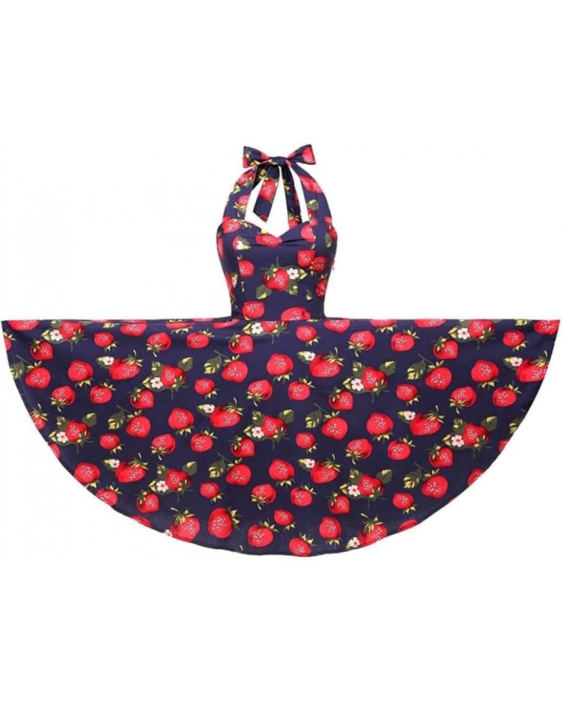 Halter Polka Dot Floral 50s Style Vintage Cocktail Party Swing Dresses Blue Strawberry $16.17 Dresses