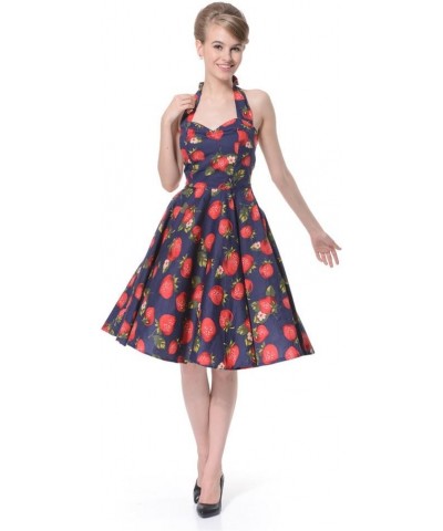 Halter Polka Dot Floral 50s Style Vintage Cocktail Party Swing Dresses Blue Strawberry $16.17 Dresses