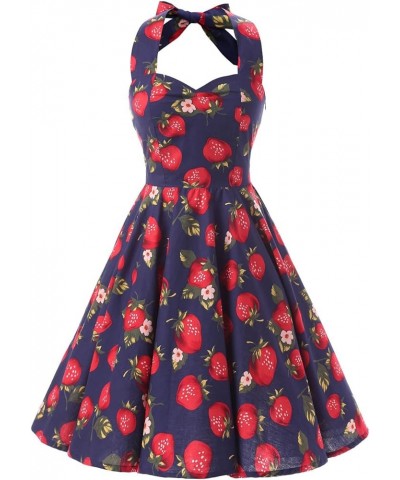 Halter Polka Dot Floral 50s Style Vintage Cocktail Party Swing Dresses Blue Strawberry $16.17 Dresses