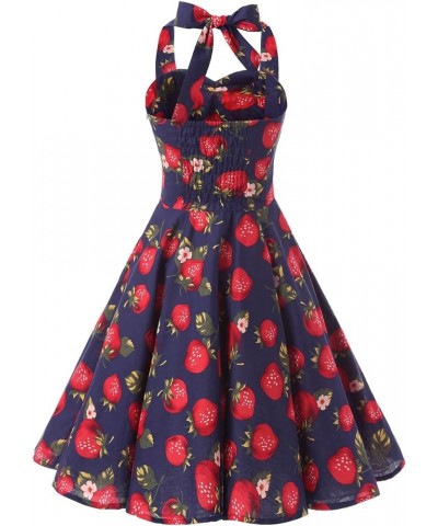 Halter Polka Dot Floral 50s Style Vintage Cocktail Party Swing Dresses Blue Strawberry $16.17 Dresses