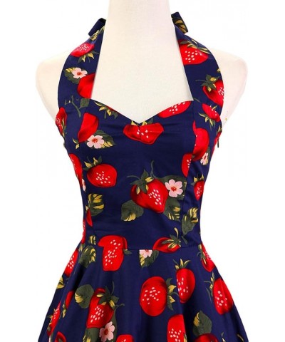 Halter Polka Dot Floral 50s Style Vintage Cocktail Party Swing Dresses Blue Strawberry $16.17 Dresses