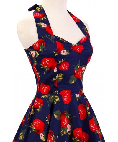 Halter Polka Dot Floral 50s Style Vintage Cocktail Party Swing Dresses Blue Strawberry $16.17 Dresses