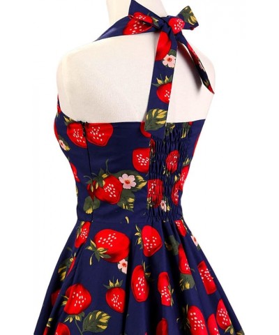 Halter Polka Dot Floral 50s Style Vintage Cocktail Party Swing Dresses Blue Strawberry $16.17 Dresses