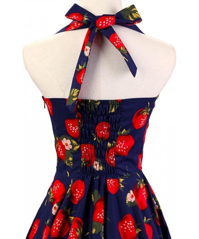 Halter Polka Dot Floral 50s Style Vintage Cocktail Party Swing Dresses Blue Strawberry $16.17 Dresses