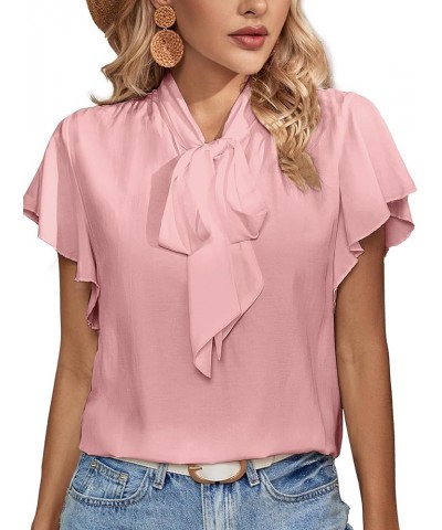Women's Bow Tie Neck Ruffle Short Sleeve Vintage Retro Work Blouse Top Pink $14.72 Blouses