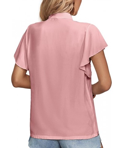 Women's Bow Tie Neck Ruffle Short Sleeve Vintage Retro Work Blouse Top Pink $14.72 Blouses