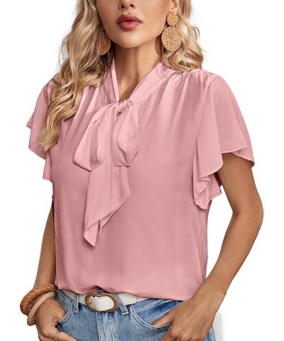 Women's Bow Tie Neck Ruffle Short Sleeve Vintage Retro Work Blouse Top Pink $14.72 Blouses