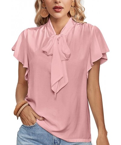 Women's Bow Tie Neck Ruffle Short Sleeve Vintage Retro Work Blouse Top Pink $14.72 Blouses