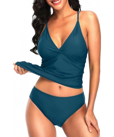Tummy Control Two Piece Tankini Set Swimsuits for Women V Neck Tankini Top Bathing Suits with Swim Bottom Blue $12.40 Swimsuits