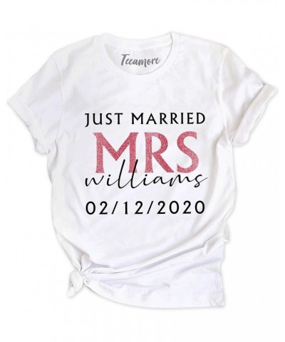 Just Married Shirt Personalized His and Her Tee Matching Newlywed Mrs Mr Outfits Unisex Round Neck - White $14.19 T-Shirts