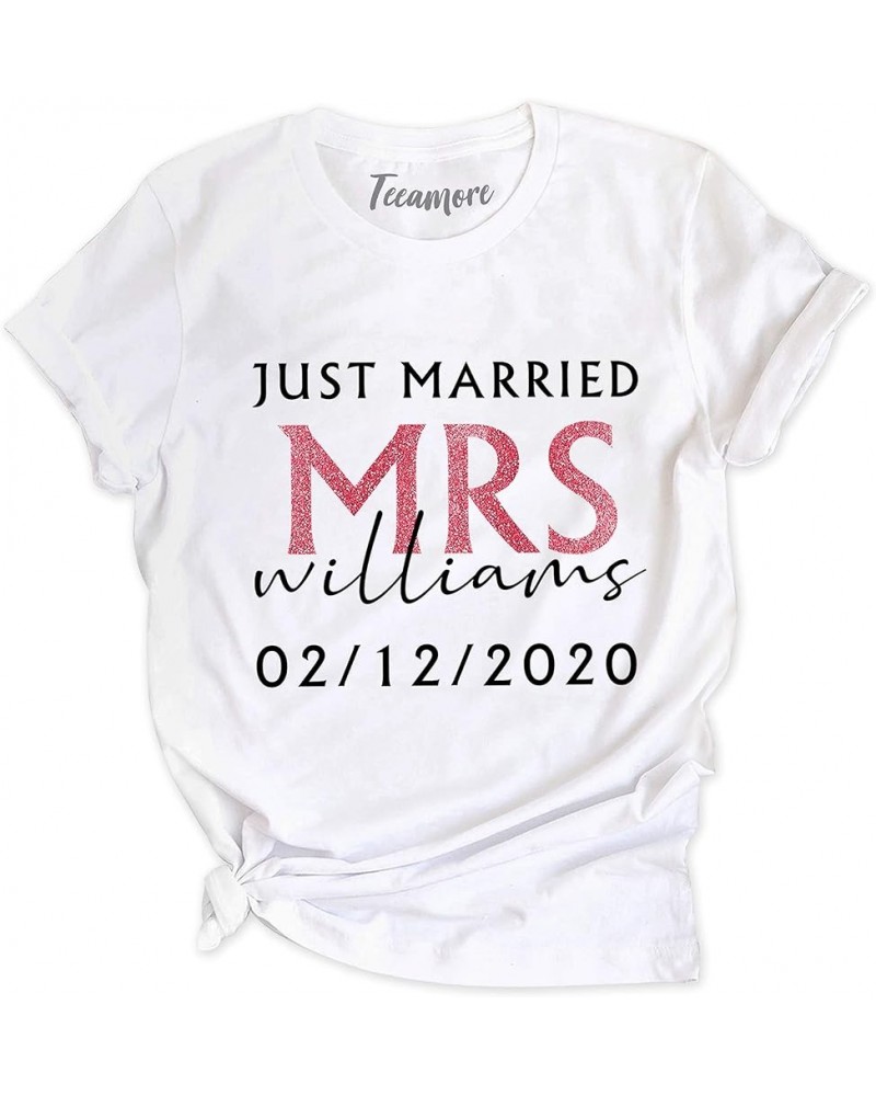 Just Married Shirt Personalized His and Her Tee Matching Newlywed Mrs Mr Outfits Unisex Round Neck - White $14.19 T-Shirts