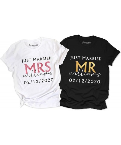 Just Married Shirt Personalized His and Her Tee Matching Newlywed Mrs Mr Outfits Unisex Round Neck - White $14.19 T-Shirts