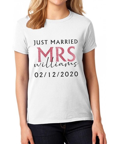 Just Married Shirt Personalized His and Her Tee Matching Newlywed Mrs Mr Outfits Unisex Round Neck - White $14.19 T-Shirts