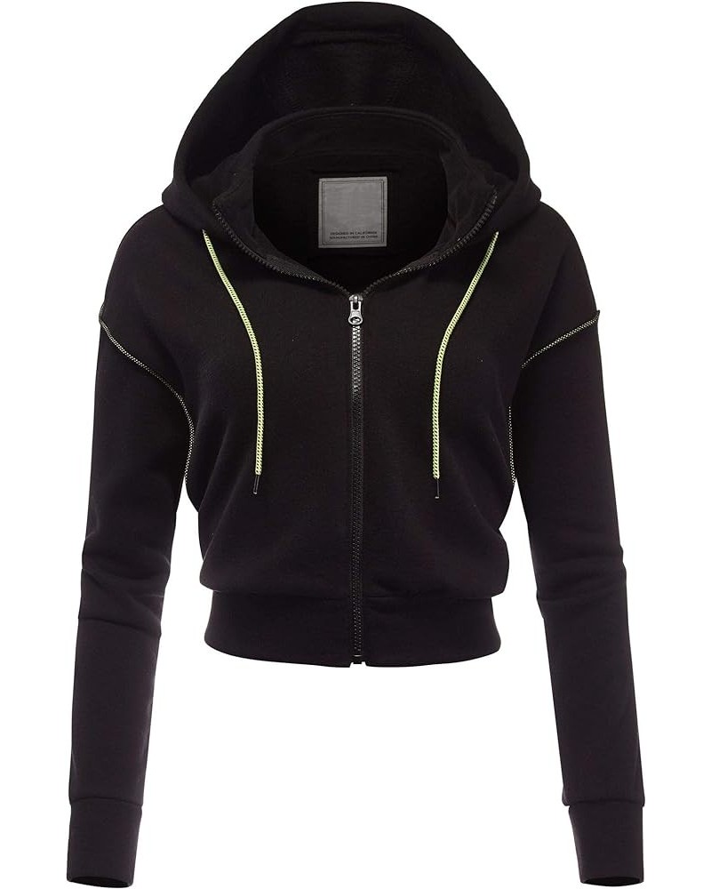 Women's Casual Fleece Full Zip-up Hoodie Outwear Jacket Black-neonlime $11.75 Jackets