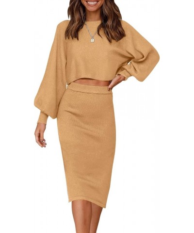 Women's Casual Two Piece Outfits Long Sleeve Ribbed Knit Top and Bodycon Midi Skirt Oversized Pullover Sweater Sets Camel $22...