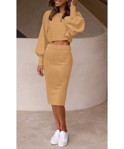 Women's Casual Two Piece Outfits Long Sleeve Ribbed Knit Top and Bodycon Midi Skirt Oversized Pullover Sweater Sets Camel $22...