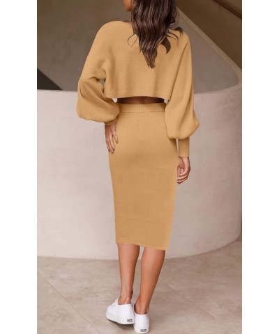 Women's Casual Two Piece Outfits Long Sleeve Ribbed Knit Top and Bodycon Midi Skirt Oversized Pullover Sweater Sets Camel $22...