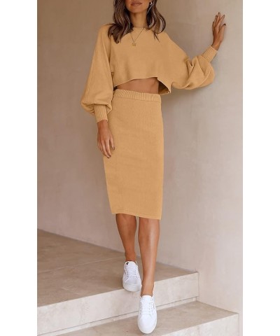 Women's Casual Two Piece Outfits Long Sleeve Ribbed Knit Top and Bodycon Midi Skirt Oversized Pullover Sweater Sets Camel $22...