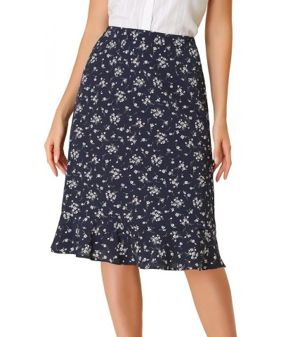 Women's Floral Skirts Peasant Ruffle Elastic High Waist Flowy A-Line Split Midi Skirt Dark Blue $14.21 Skirts