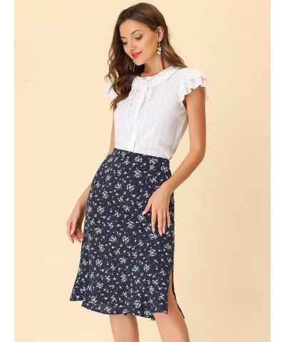 Women's Floral Skirts Peasant Ruffle Elastic High Waist Flowy A-Line Split Midi Skirt Dark Blue $14.21 Skirts