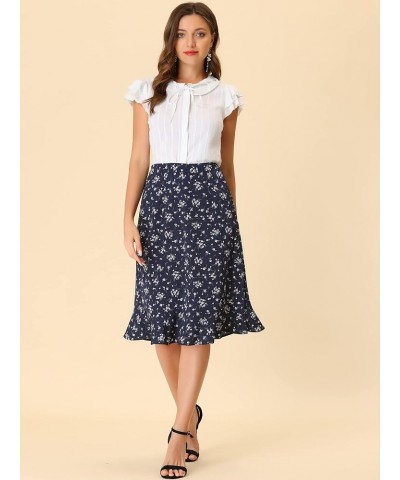 Women's Floral Skirts Peasant Ruffle Elastic High Waist Flowy A-Line Split Midi Skirt Dark Blue $14.21 Skirts