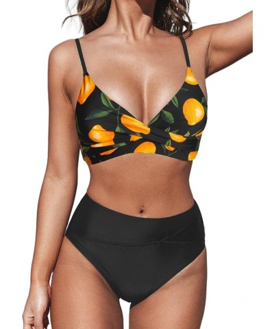 Women's Bikini Sets Two Piece Swimsuit High Waisted V Neck Twist Front Adjustable Spaghetti Straps Bathing Suit Black/Lemon $...
