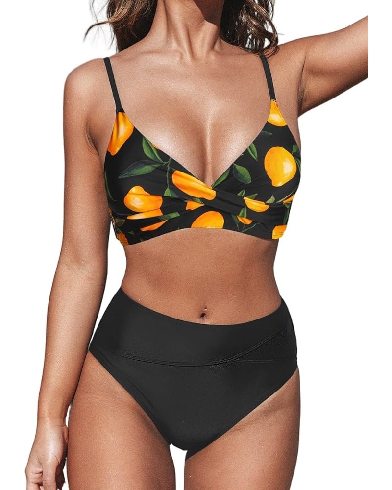 Women's Bikini Sets Two Piece Swimsuit High Waisted V Neck Twist Front Adjustable Spaghetti Straps Bathing Suit Black/Lemon $...