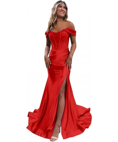 Corset Prom Dresses Off The Shoulder Satin Bridesmaid Dress Long Formal Evening Gown with Slit Red $36.00 Dresses