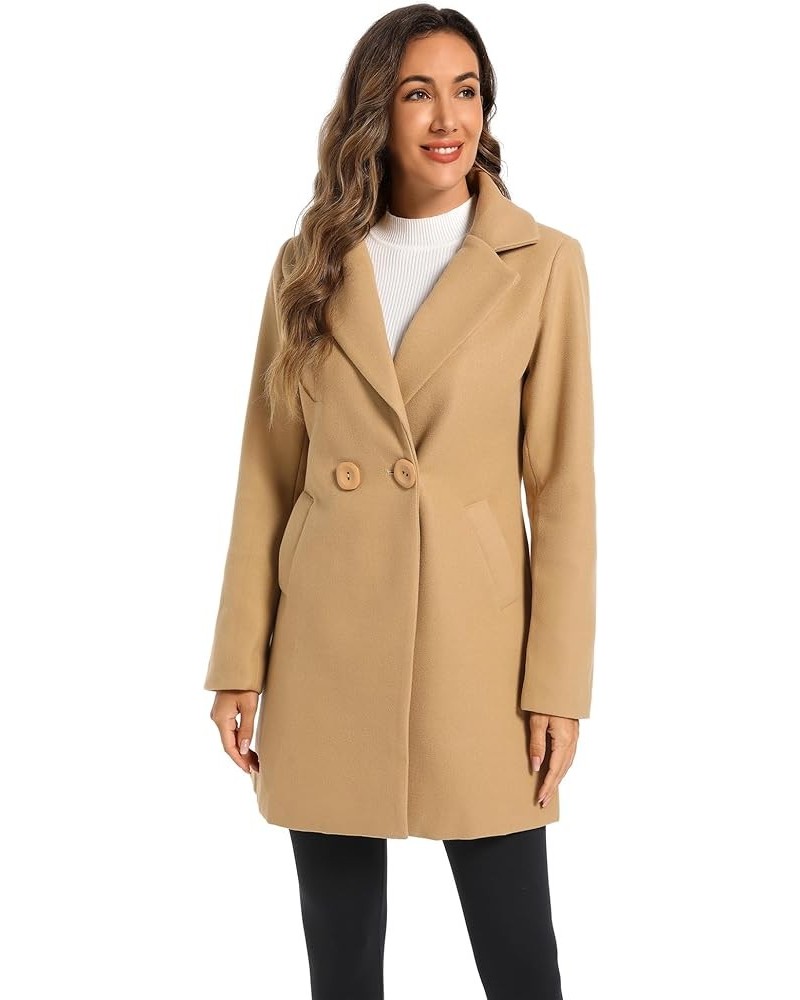 Women's Notched Lapel Wool Blend Solid Long Pea Coat Outwear Winter Coat Khaki $19.73 Coats