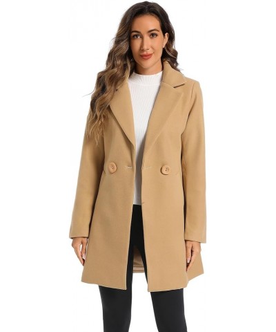 Women's Notched Lapel Wool Blend Solid Long Pea Coat Outwear Winter Coat Khaki $19.73 Coats