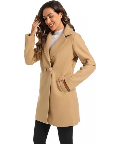 Women's Notched Lapel Wool Blend Solid Long Pea Coat Outwear Winter Coat Khaki $19.73 Coats